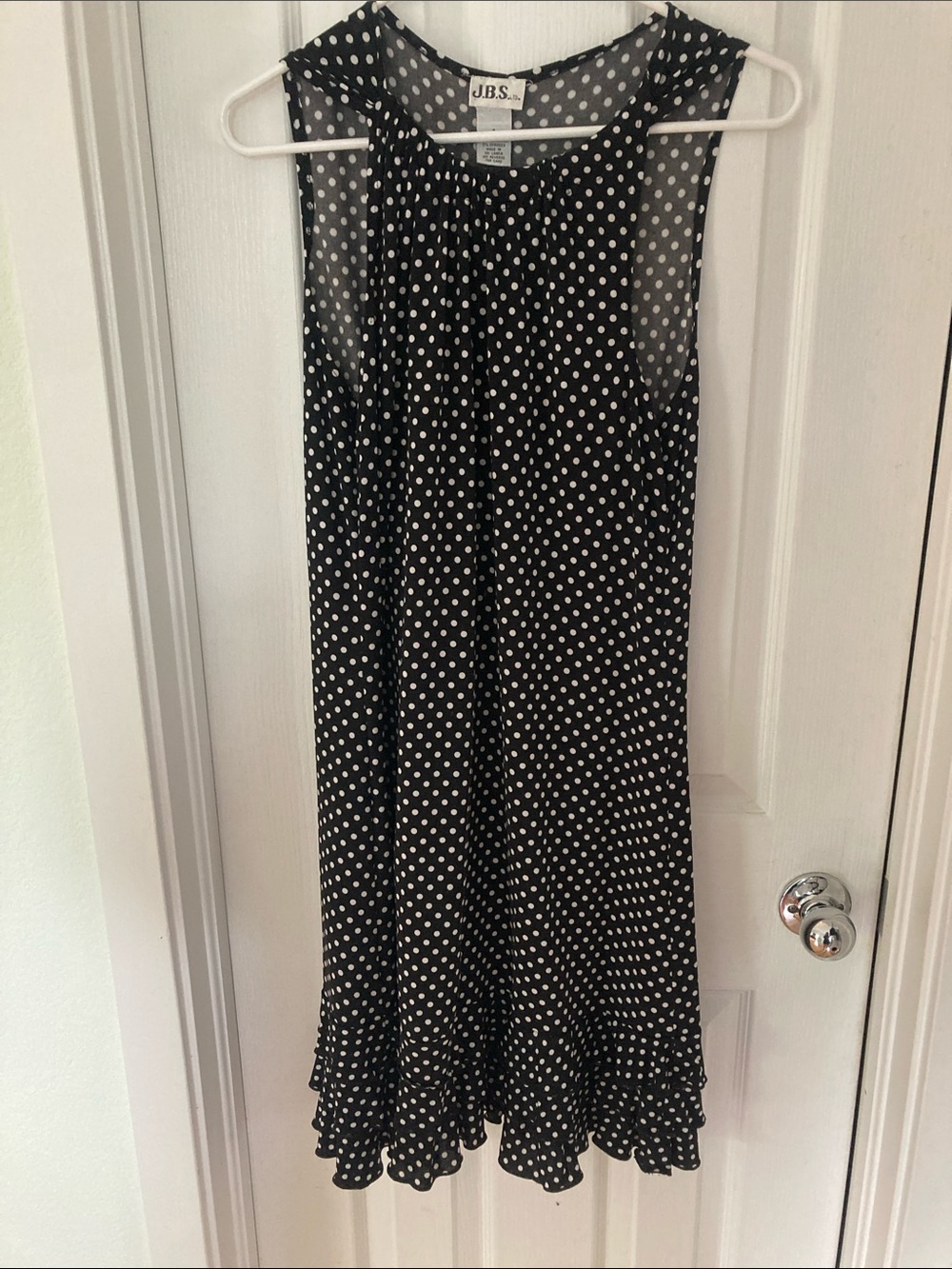 J.B.S. Black and White Polka Dot Sleeveless Ruffle Hem Dress